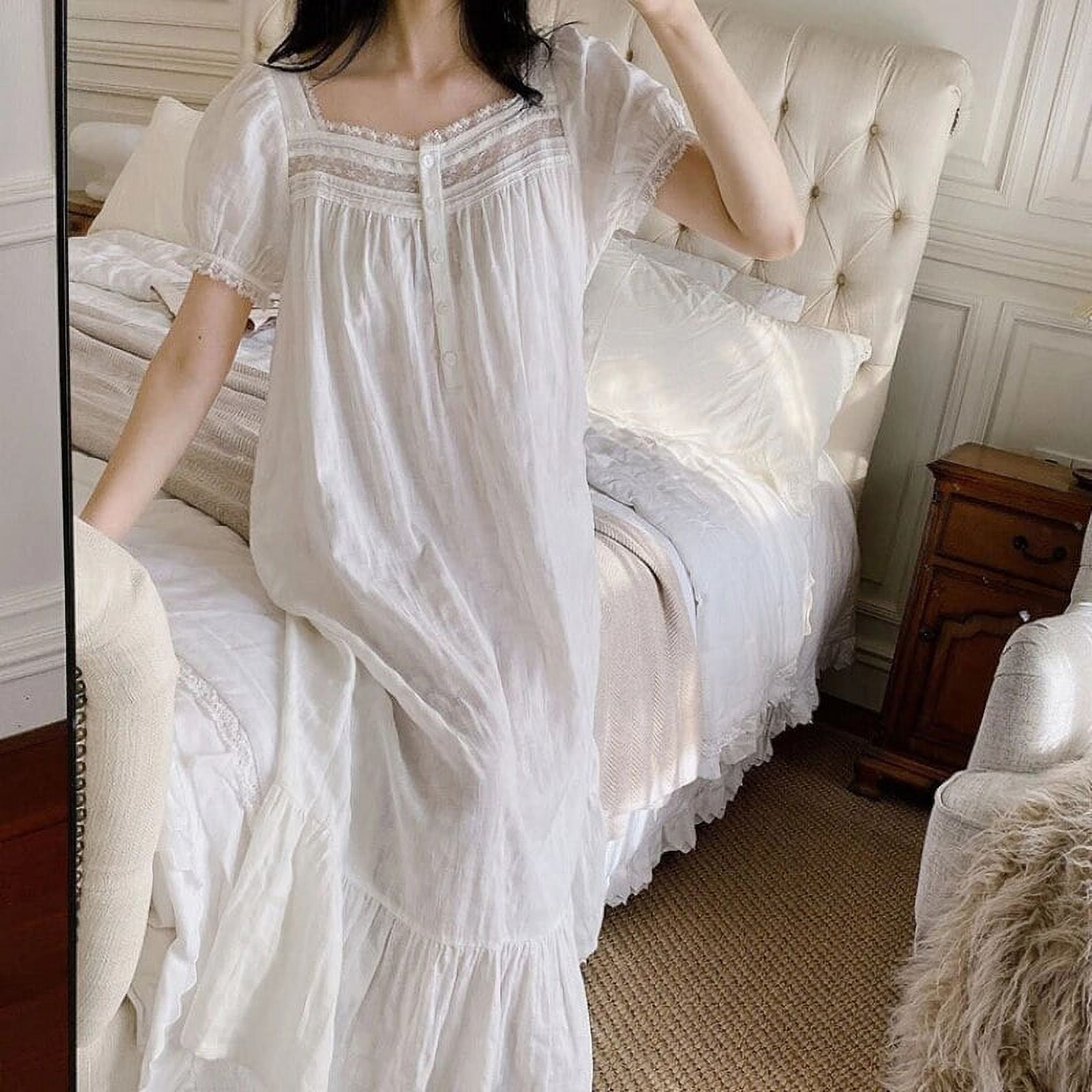 Senbaida Princess Sleepwear Women Pure Cotton Peignoir White Short Sleeve Victorian Long Night Dress Romantic Vintage Nightgowns Homewear White Xl Whi