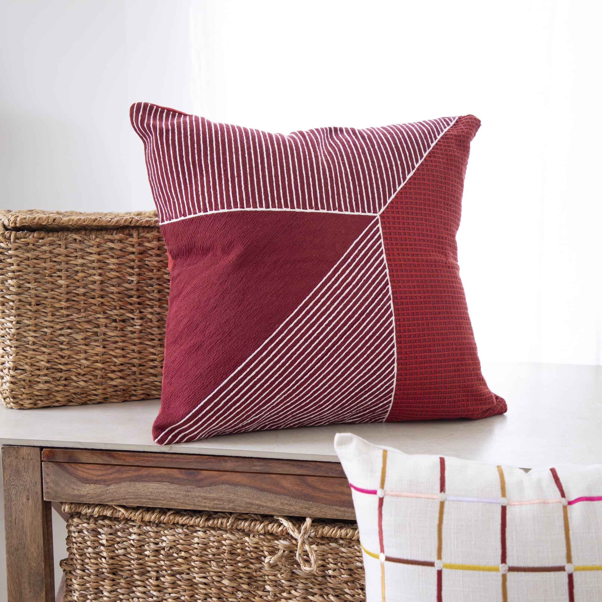 Ox Bay and Stacy Garcia 24" x 24" Red/White Embroidered Geometric Cotton Adult Decorative Throw Pillow Cover