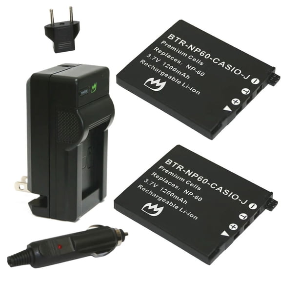 Replacement for Casio NP-60 Battery (2-Pack, 1200mAh) and Charger with Car Adapter