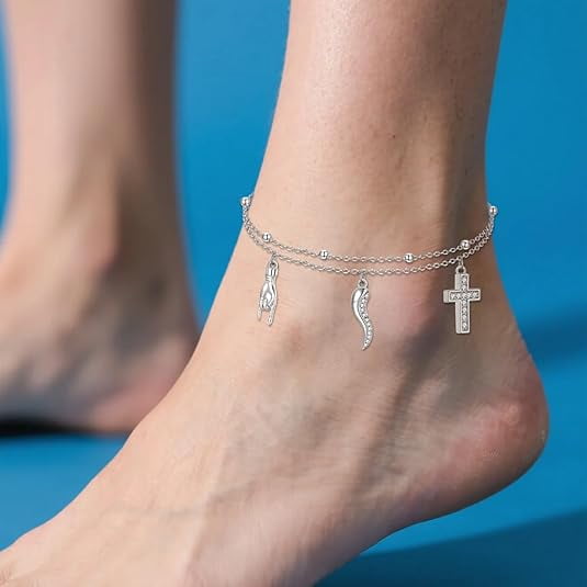 Italian Horn Hand Anklet 925 Sterling Silver Cornicello and Mano Cornuto Layered Ankle Bracelet Italian Good Luck Protection Amulet Jewelry for Women Gifts