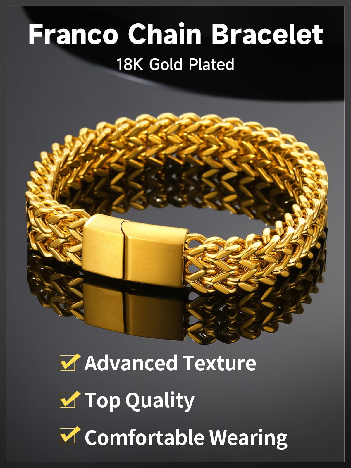 ChainsHouse 14K Gold Plated Chain Bracelets for Men, 12mm Wide Stainless Steel Wrist Band Non Tarnish Jewelry Gifts for Husband Dad Father's Day, 8.3inch