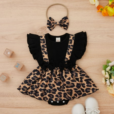 

TAIAOJING Baby Romper Girls Ruffles Fly Sleeve Leopard Floral Printed Bowknot Ribbed Bodysuits Headbands Outfits One Piece Outfits 12-18 Months