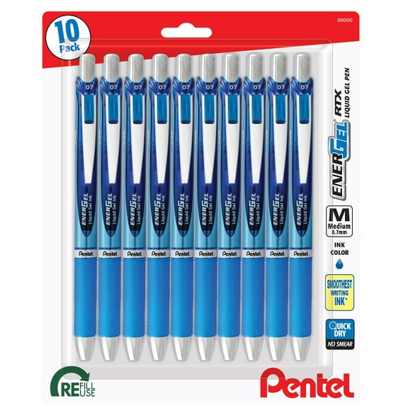 Pentel EnerGel RTX Retractable Premium Liquid Gel Pen, (0.7mm) Needle Tip, Ultra Smooth, Medium Line, Blue Ink 10 Pack, BLN77BP10C
