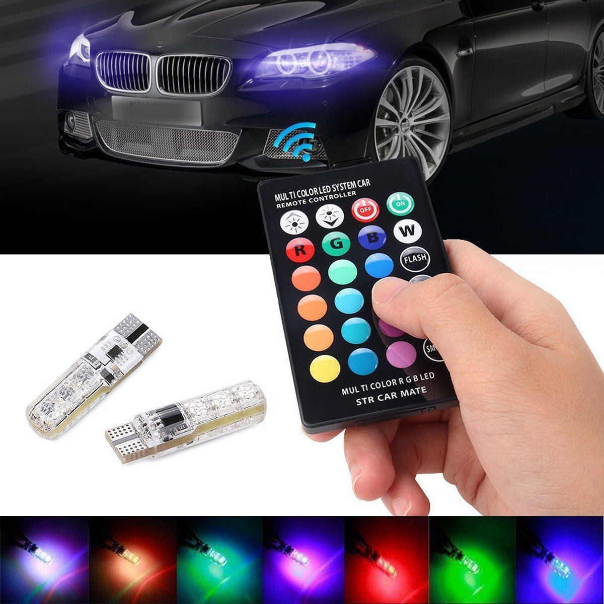2 X T10 W5W 6 SMD 5050 RGB LED Car Wedge Side Light Reading Bulbs Remote Control