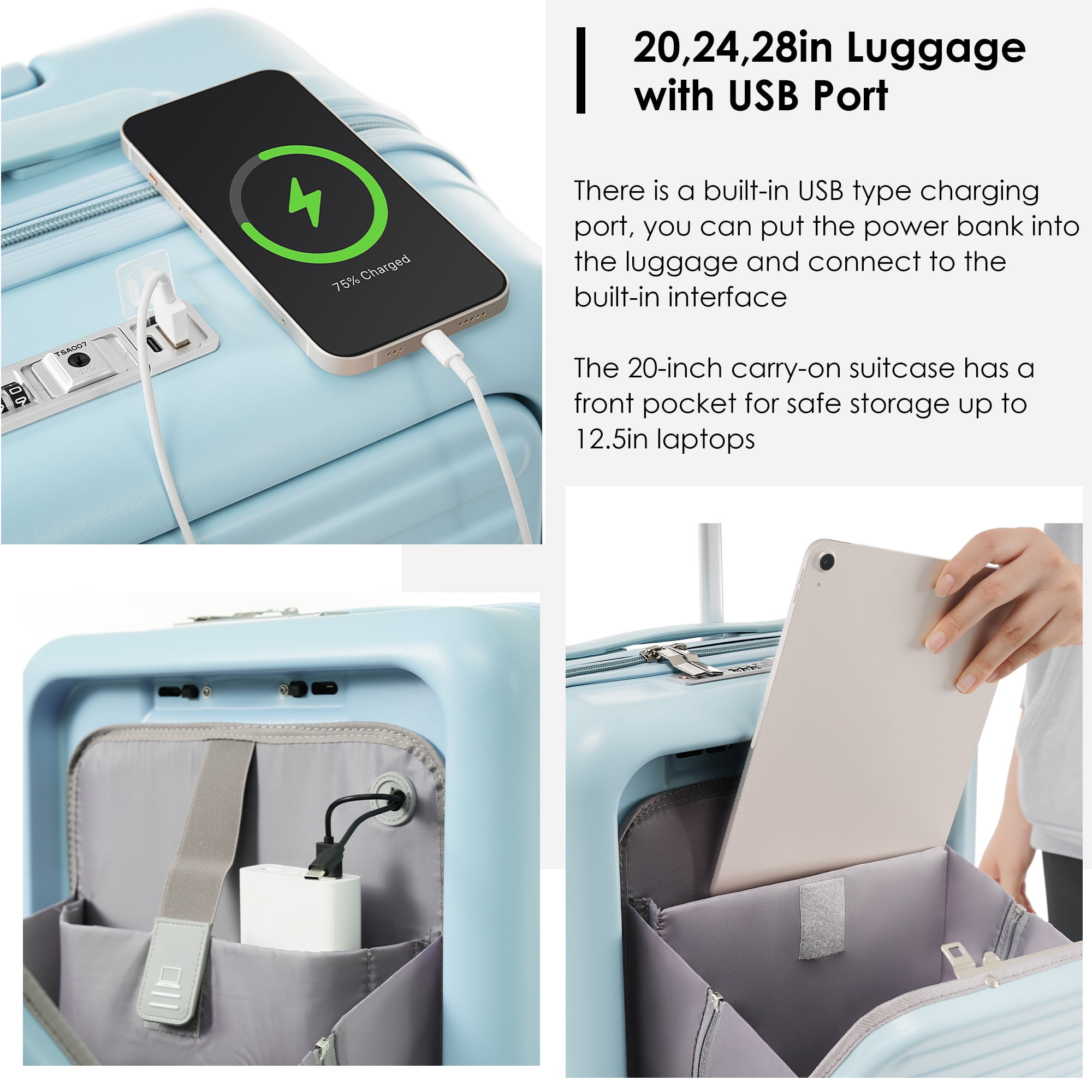 LoLado Front Opening 20in Carry-on Luggage with Expandable Travel Bag Set, ABS Hard Shell Two-piece Travel Suitcase Set with USB Port, Cup Holder, Light Blue