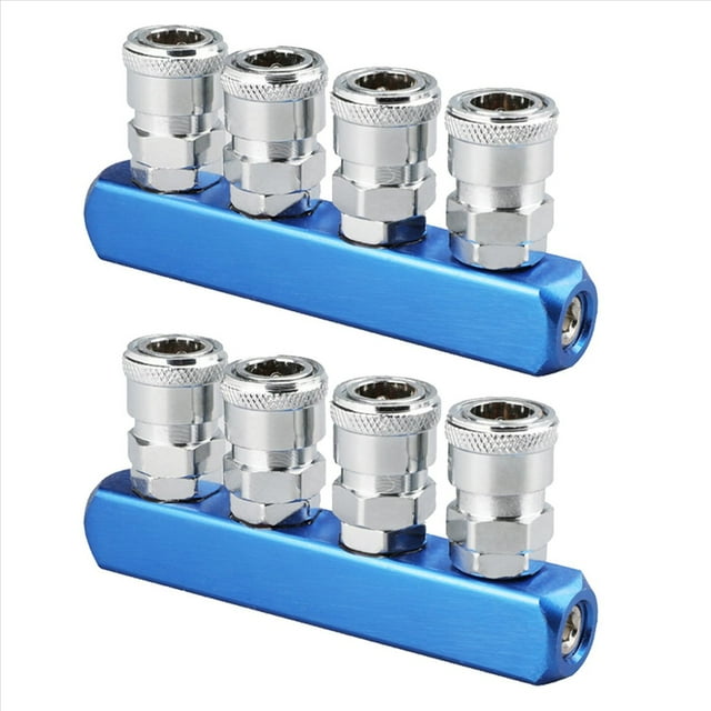 2X Pneumatic Distributor 4 Way Air Hose Quick Connect Coupling Tool 1/4 Thread,2 x C Type Quick Connector High,Blue & Silver