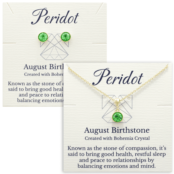 Gold August Birthstone Necklace and Stud Earrings Set with Bohemian Crystals, 14K Gold Plated, Birthday Month Gift, Great for Mom.