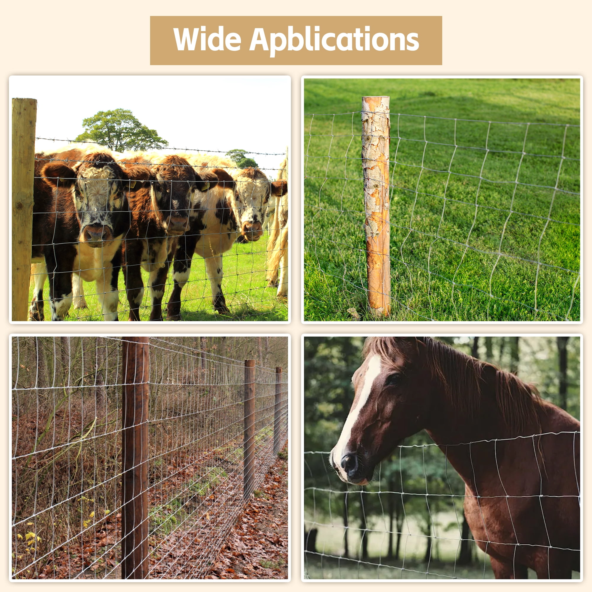 Aukfa 4x164 ft Galvanized Wire Fencing,Heavy Zinc Coating Farm Fence Used to Hog Goat Fencing for Yard Garden Field