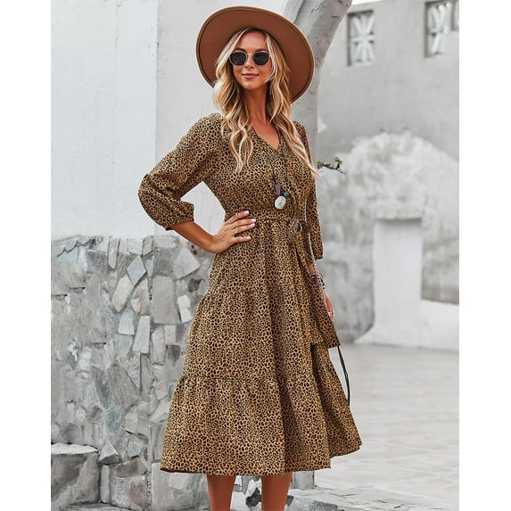 V Neck Leopard Print Ribbon Tie Waist Tiered Dress for Women