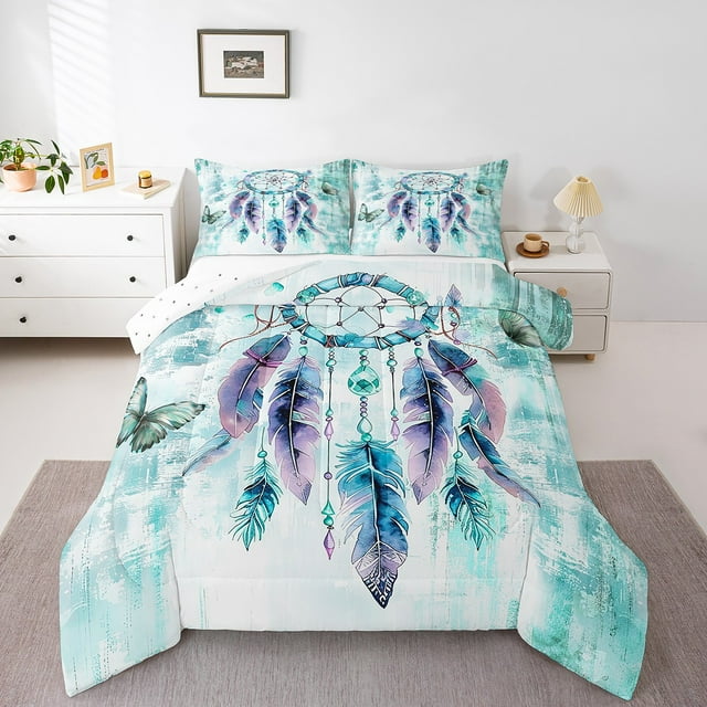 Ensemble de Douillette Simple Attrape-Rêves Hippie, Ensemble de Literie Dégradé Sarcelle Simple pour Filles, Ensembles de Douillette de Literie Papillon Bleu, Ensemble de Housse de Couette Dégradé Aquarelle, Douillette Matelassée Style Exotique Plumes Tribales