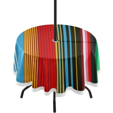 

Hyjoy Mexican Serape Stripes Outdoor Round Tablecloth Waterproof Stain-Resistant Non-Slip Circular Tablecloth 60 Inch with Umbrella Hole and Zipper for Tabletop Backyard Party BBQ Decor