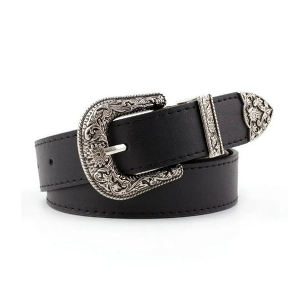 TELOLY Belts for Women,Retro Carved Leather Belt for Cowgirl Outfits,Fashionable Women's Accessory with Adjustable Buckle,Perfect for Casual or Western Wear,Black