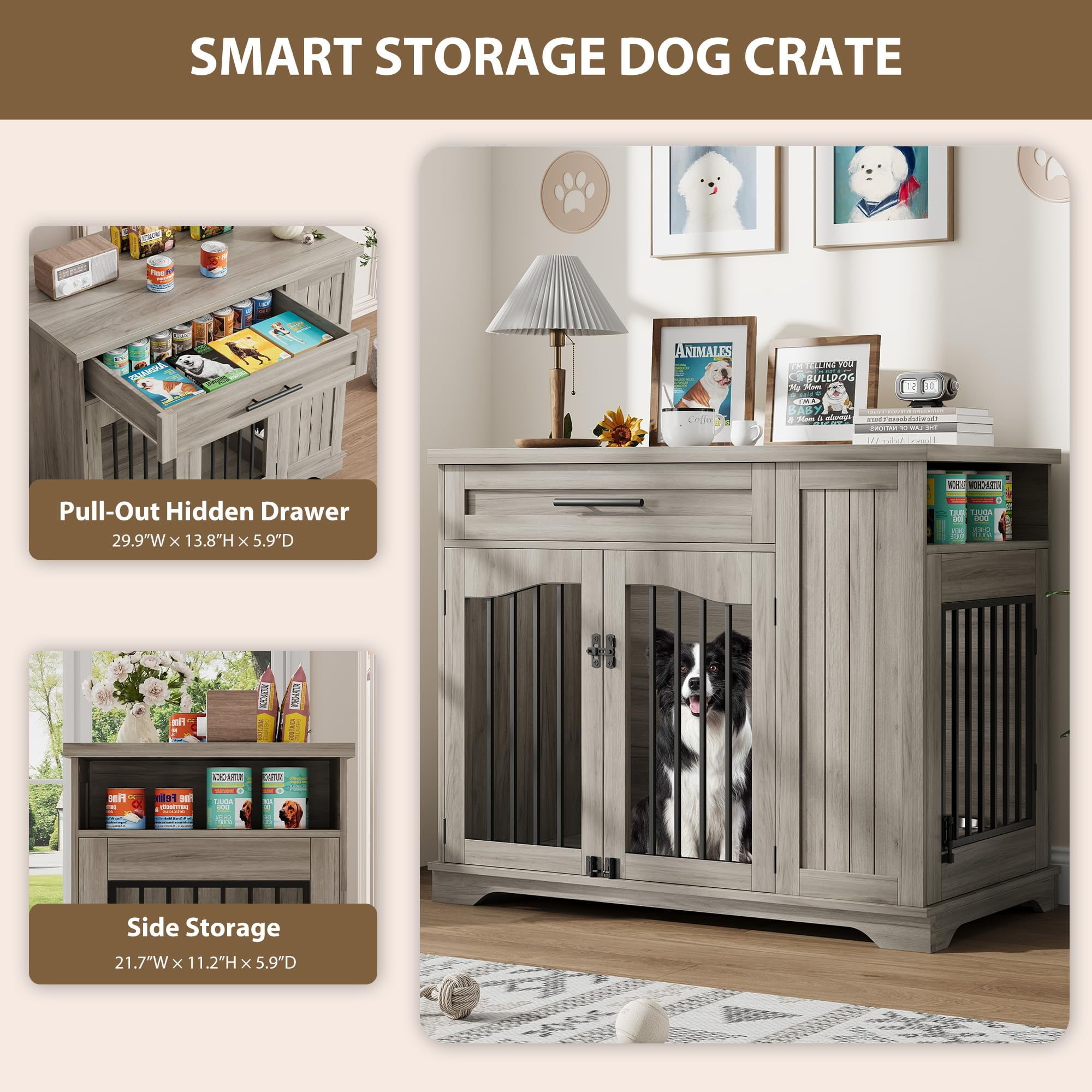Danolapsi Furniture Style Dog Crate for Large Dogs, 44 Inch Heavy Duty Wooden Dog Kennel Furniture with Drawer & Side Storage and Bulit-in Feeding Station