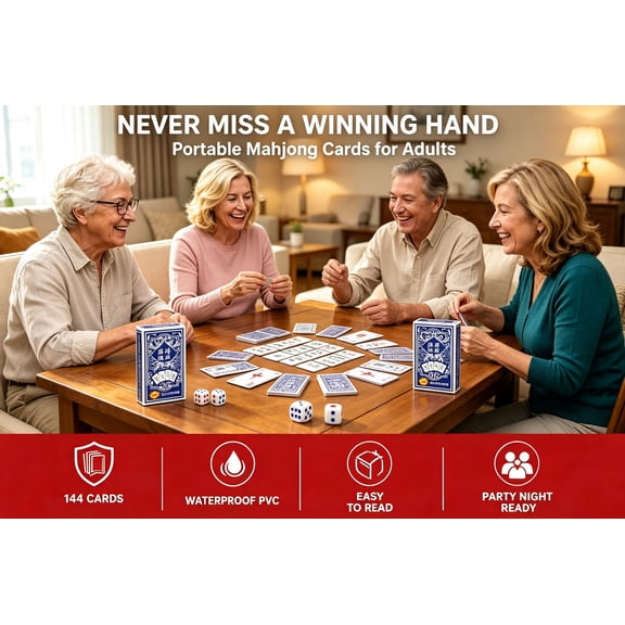 144 Pcs Mahjong Card Game Set, Waterproof Portable Travel Mahjong Playing Cards with 2 Dice
