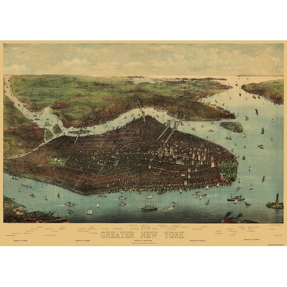Historic Panoramic View - Greater New York - Koehler 1905 - 32 x 23 - Vintage Wall Art