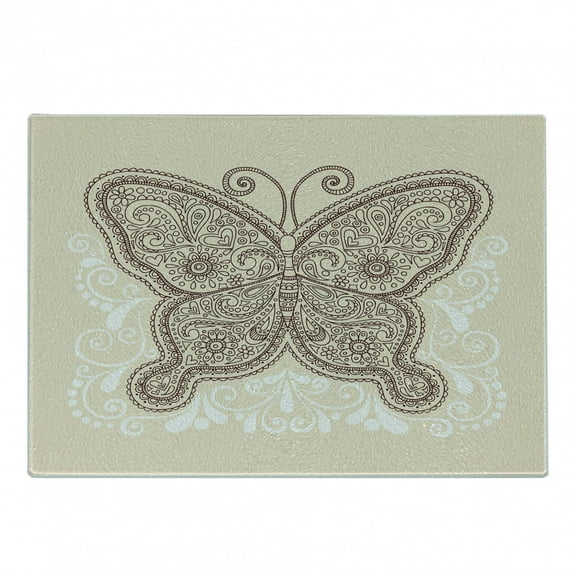 Ethnic Cutting Board, Hand Drawn Abstract Butterfly Various Design Elements Flowers Hearts, Decorative Tempered Glass Cutting and Serving Board, Small Size, Brown White, by Ambesonne