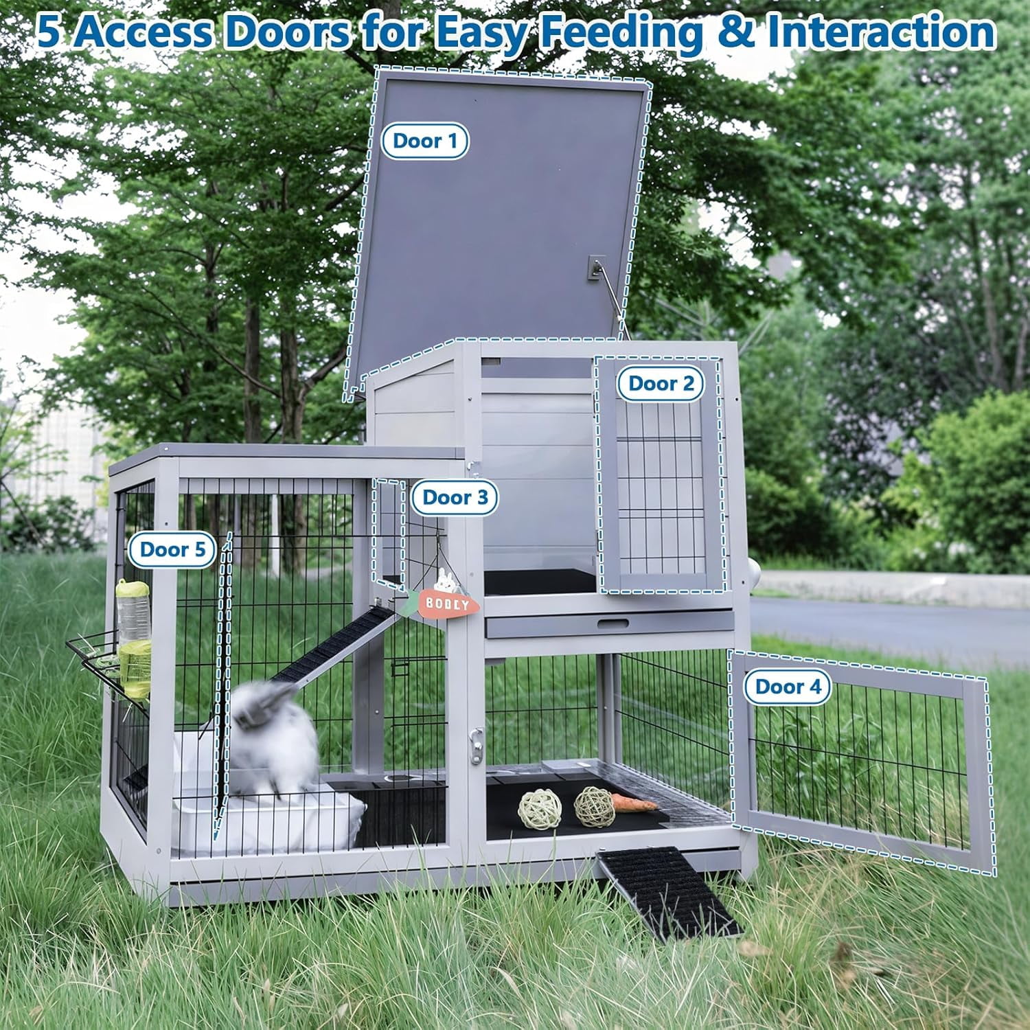 Rabbit Hutch Indoor Bunny Cage Outdoor with Urine Guards 2 Storey Mobile Guinea Pig Cage