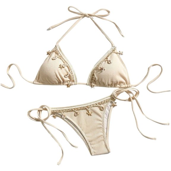 Byfri Adjustable Halter Triangle Bikini Set, Lightweight Two-Piece Swimsuit for Women Summer Vacation, Beige L