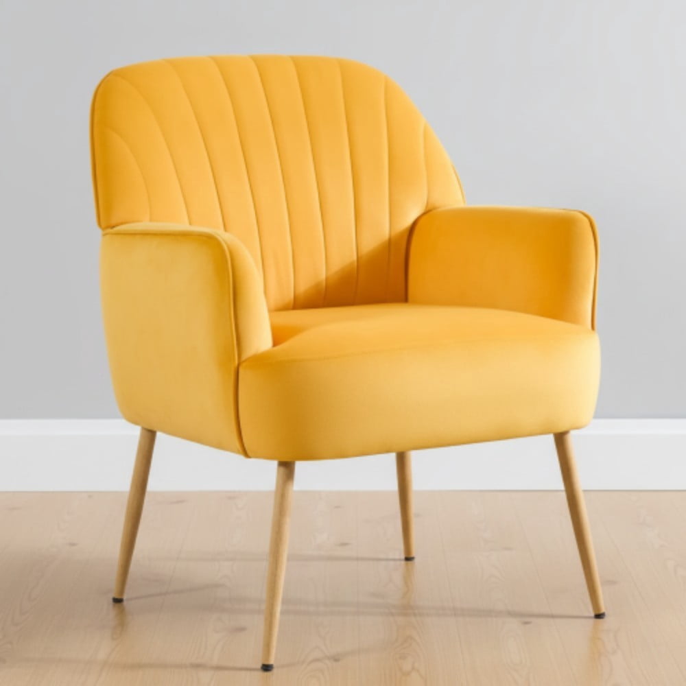 Velvet Accent Chair, Modern Upholstered Barrel Chair with Shell-Shaped Tufted Back, Padded Armrests, Metal Legs for Living Room, Bedroom & Office, Yellow