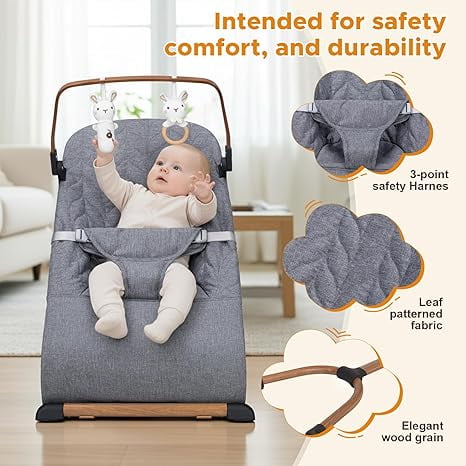 3 in 1 Baby Bouncer (Sit, Play & Relax),3 Recline Positions,Foldable Baby Rocker Chair W/ Removable Wooden Bar for 0-12 Months Infant & Toddler,Grey