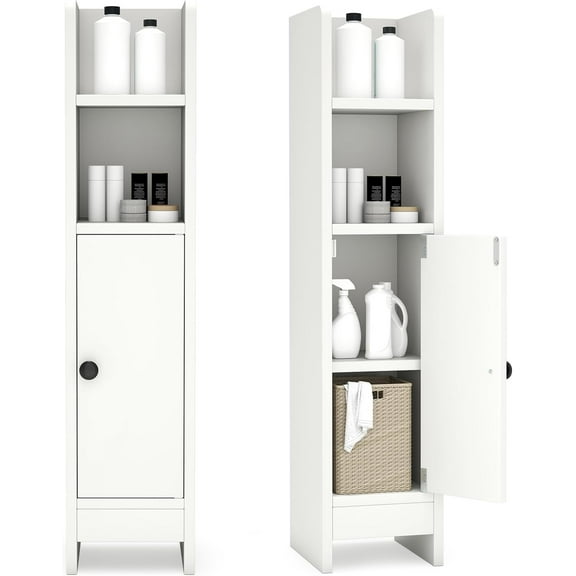 WoofPaw Small Bathroom Storage Cabinet, Narrow Slim Corner Floor Cabinet with Adjustable Shelf & 2 Open Shelves, Bathroom Storage for Small Spaces, Laundry & Kitchen, 8 x 7 x 31.5 Inch (White)