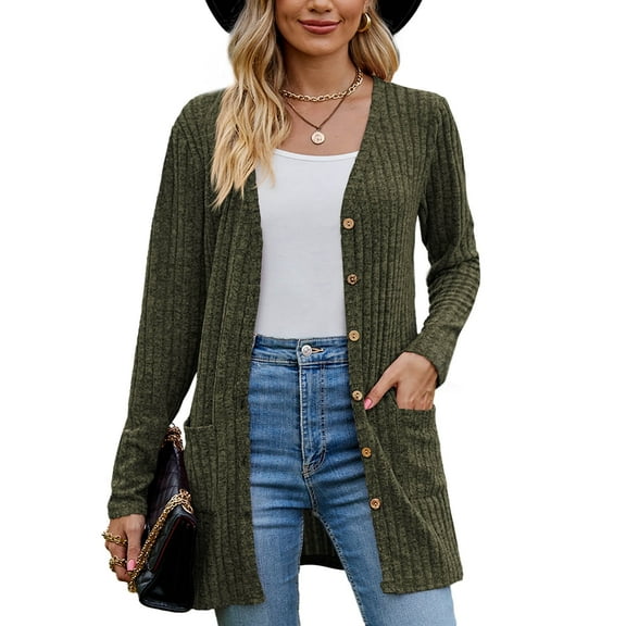 Chiclily Women's Fall Cardigan Lightweight Soft Knit Cardigan Army Green XL Long Sleeve Open Front Coat with Pockets