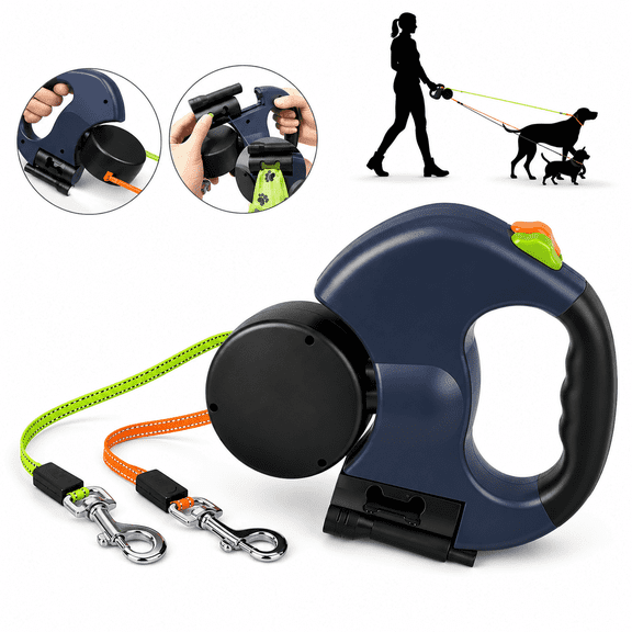 Retractable Double Dog Leash Coupler with 360° Swivel Tangle Free Adjustable Dual Pet Leash Splitter Heavy Duty Walking Lead Attachment For Small Medium Large Dogs Outdoor Training