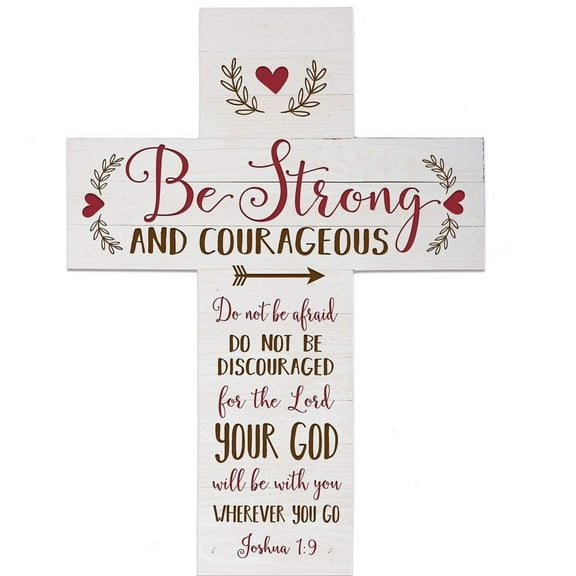 LifeSong Milestones Inspirational Hanging Wood Cross for Wall Decor - Strong and Courageous