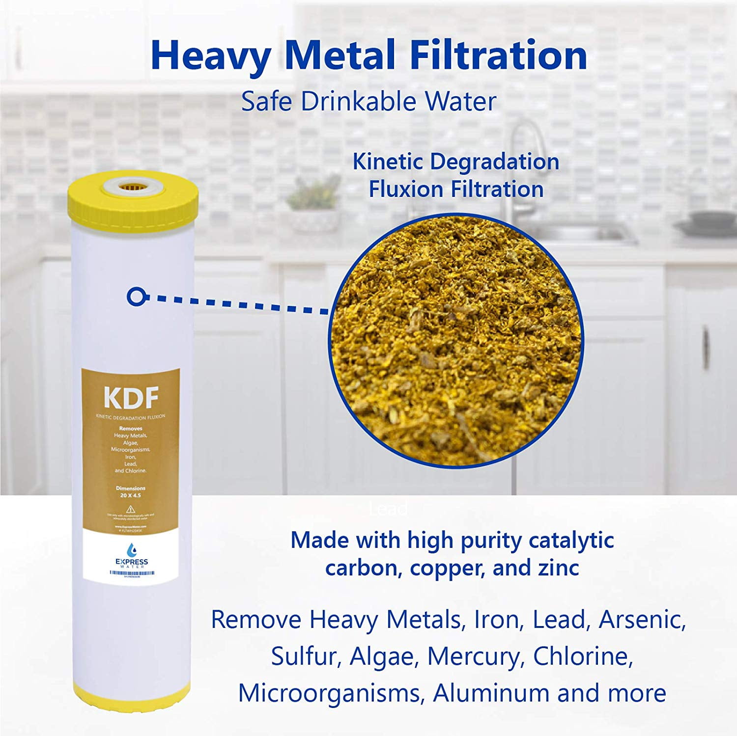 Express Water – Whole House Heavy Metal Water Filter Set – 3 Stage Filtration Replacement Kit – Sediment, Carbon Block, KDF High Capacity Cartridge – 5 Micron – 4.5” x 20” inch