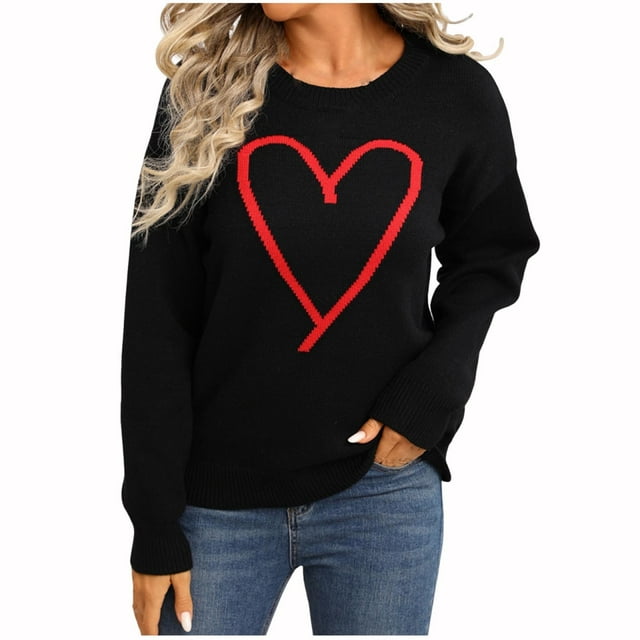 Lenpel Chandails Imprimés Cœur pour Femmes Mode Col Rond Manches Longues Tricoté Chandail Décontracté Graphique (Noir, Moyen)
