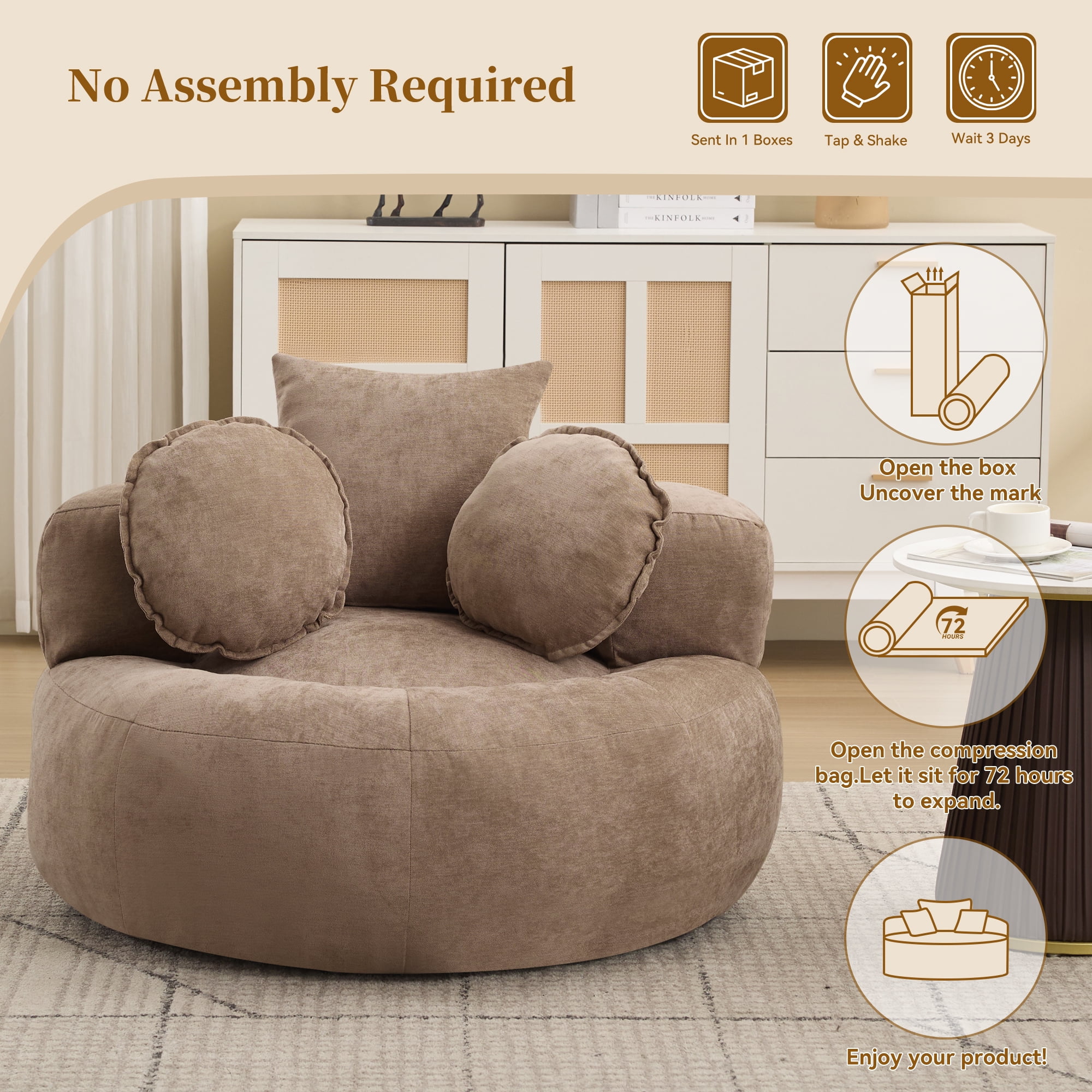 43'' Round Oversized Chaise Lounge Indoor Chair, No Assembly Chenille Compressed Circle Sofa Bed,Comfy Upholstered Sleeper Couch,Lazy Bean Bag Couch for Living Room, Bedroom,Brown