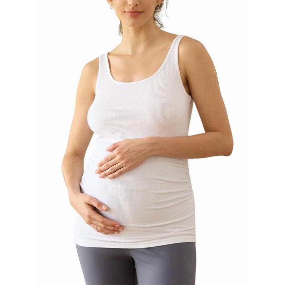 Maternity Tank Tops Rib Side-Shirred Sleeveless Pregnancy Basic Shirt White XL