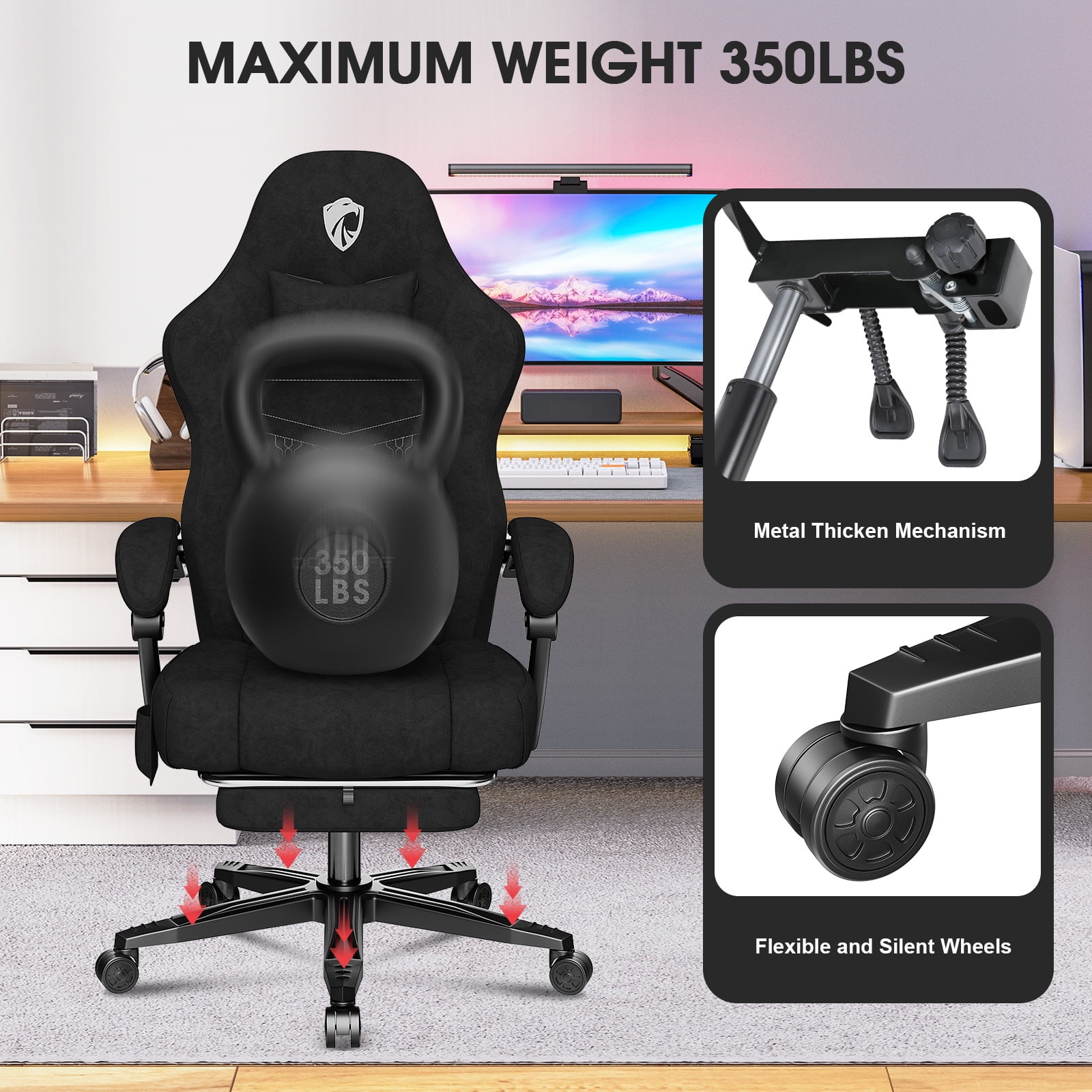 Gaming Chairs,Douxlife Heavy Duty Extra Large Gaming Chairs with Footrest and Breathable Fabric,Ergonomic Computer Chairs Office Chairs With 350LBS Load Bearing,Black