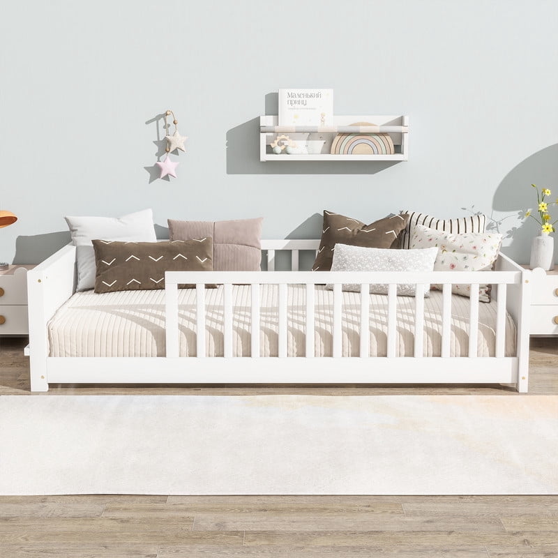 Twin Size Wooden Platform Bed with Safety Guardrails & Built-in Bookshelf, Montessori Kids Floor Bed Frame with Opening