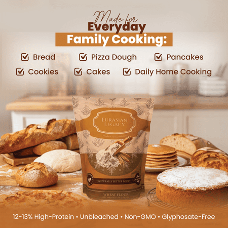 EURASIAN LEGACY WHEAT FLOUR, HIGH-PROTEIN, NON-GMO, GLYPHOSATE-FREE, UNBLEACHED, PERFECT FOR BREAD & BAKING, 3 LB
