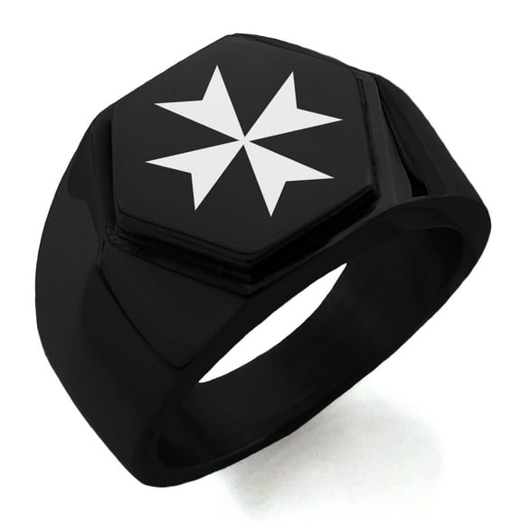 Stainless Steel Maltese Cross Engraved Hexagon Crest Flat Top Biker Style Polished Ring