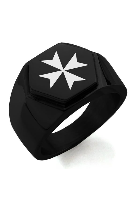 Stainless Steel Maltese Cross Engraved Hexagon Crest Flat Top Biker Style Polished Ring