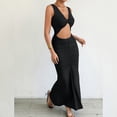 thumbnail image 5 of Women's Cross Twist Front Halter Cami Tops and Skirt Summer Solid Color Pleated Slim Fit Dress Black, 5 of 9