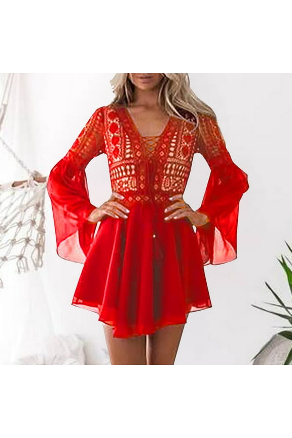 Dresses for Women V-Neck Long Sleeve Chiffon Flare Ladies Hollow Out Dress Comfortable Comfortable Fashion Dress Red XXL