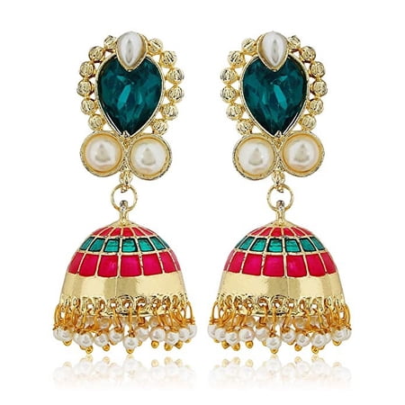 Moonstruck Traditional Indian Golden Minakari Jhumka Earrings With Stones And Pearls for Women (Green)