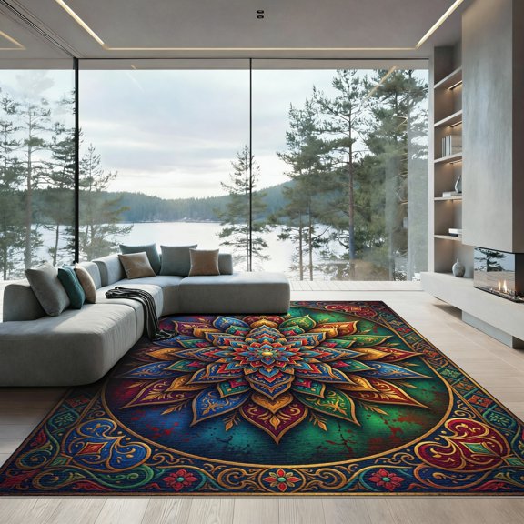 ODIKA 4'x6' Machine Washable Non-Slip Area Rug, Oriental Gold High Traffic Rug, Blue, 1010622