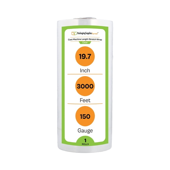 PSBM Machine Stretch Wrap 19.7" x 3000' 1 Roll 150 Gauge Clear Plastic Cast Shrink Film for Moving Packing Pallets