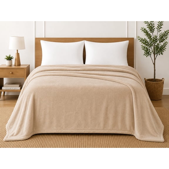Super Soft Plush and Cozy Feel Flannel Bed Blanket, Queen Size,Very Comfortable For All Weather and Travel ( BEIGE)