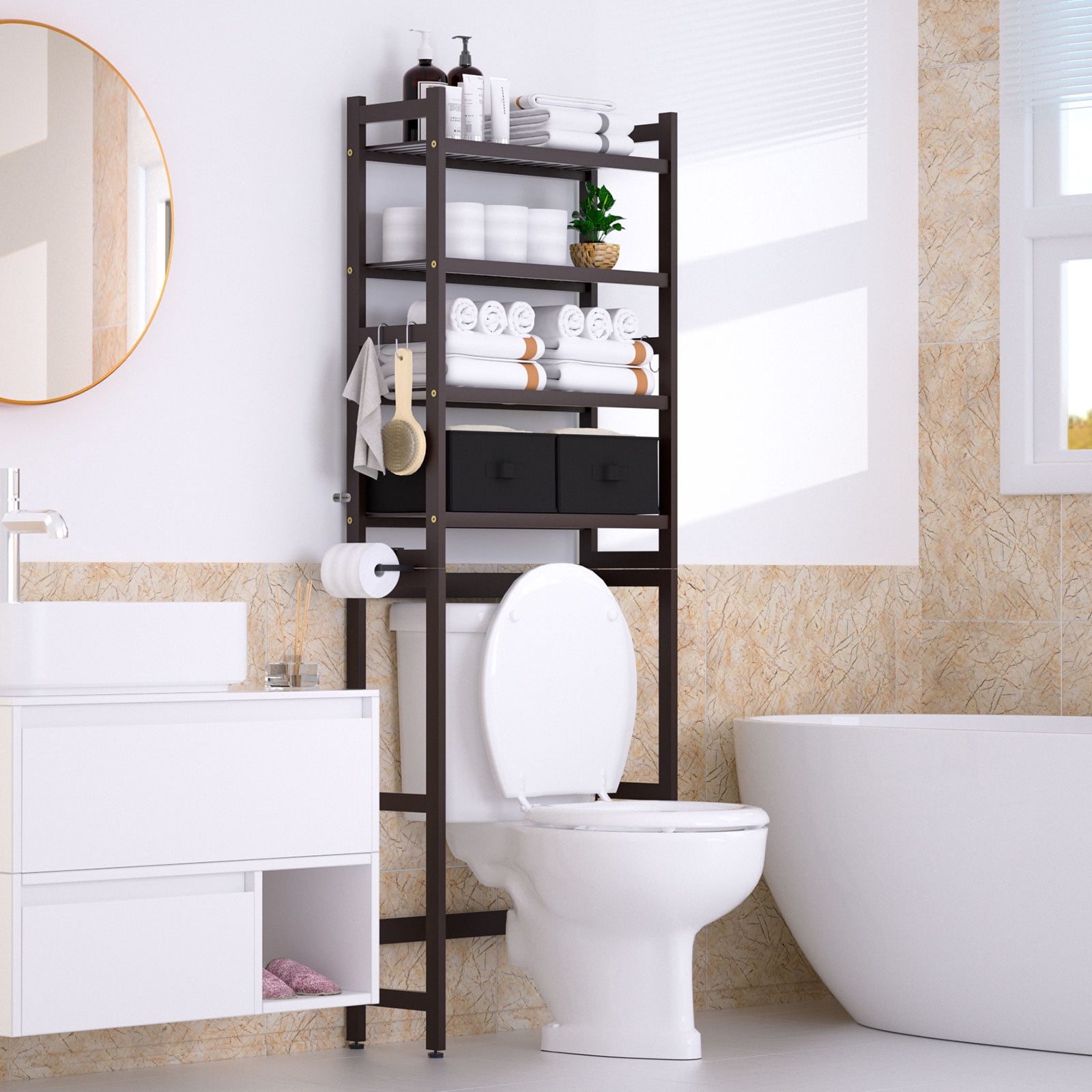 Enogets Over the Toilet Storage, Bamboo Bathroom Shelf Organizer with 2 Baskets & 4 Hooks, 4-Tier Space Saver