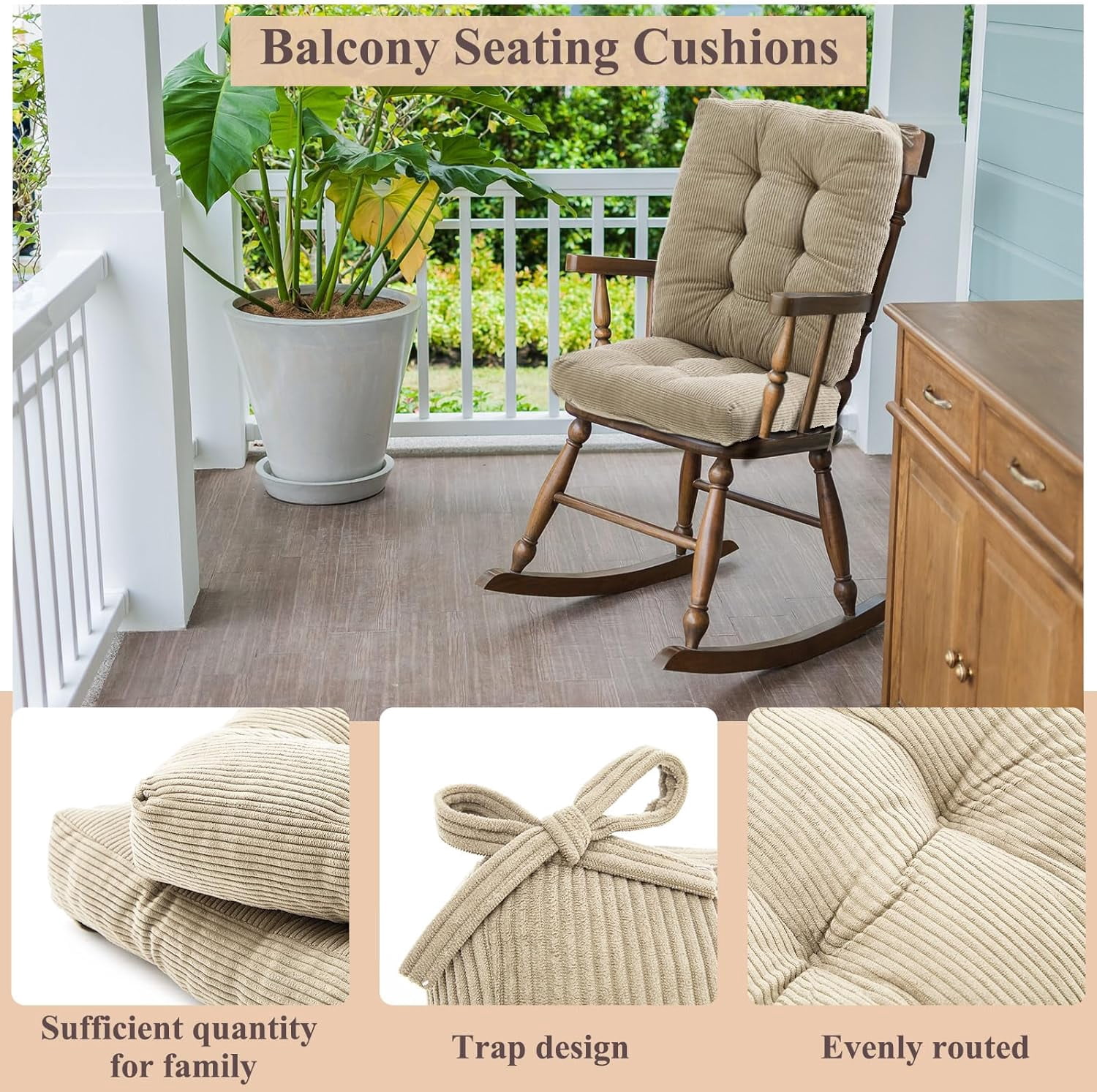 4 Set Outdoor Patio Chair Cushions Corduroy Seat High Back Tufted Pillow Replacement Rocking Patio Chair Pads for Outdoor Indoor Home Office (Beige)