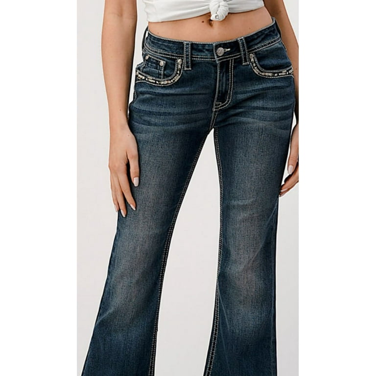 Grace in LA Women's Angel Wings Embellished Flap Pockets Bootcut Stretch  Jeans (27)