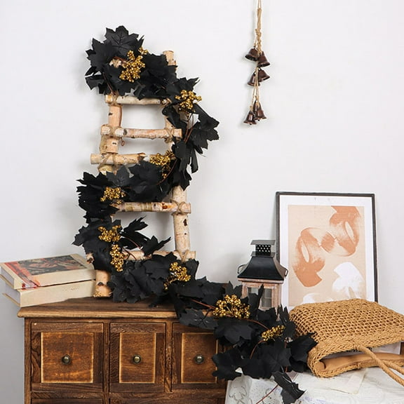 Black Halloween Garland Black Artificial Hanging Fall Leave Vines for Home Indoor Outdoor Party Decorations