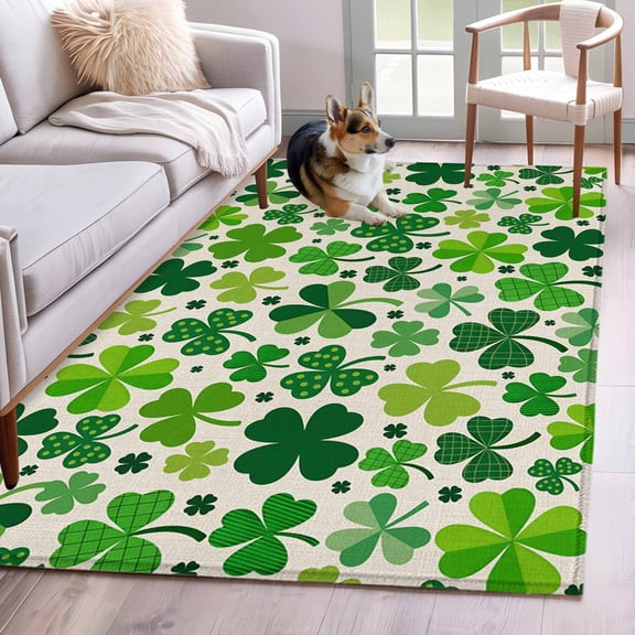 St. Patrick's Day Area Rugs 4'x6', Washable Small Throw Rugs for Office Bathroom, Vintage Spring Green Lucky Irish Clovers Indoor Outdoor Rug Non-Slip Low Pile Carpet Runner Reversible Floor Mats