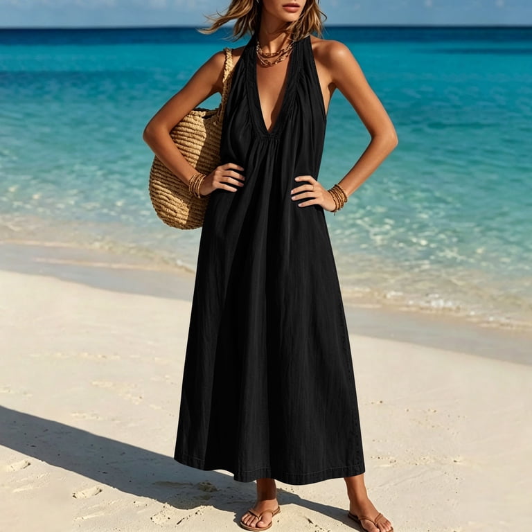 black halter dress casual ClodeEU Women's Halter Sleeveless High Waist Asymmetrical Maxi Dress,Casual Flowy Ruffle Hem Party Dress Light Blue,Women's Plus XXL