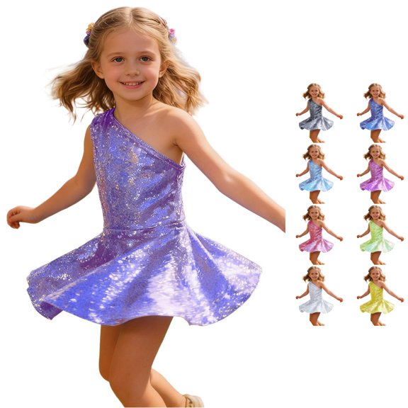 WAYUTE Girls Dresses Shine One Shoulder High Waist Flowy Performance Party Dress with Sequin Details for Toddler Kids Youth,Purple